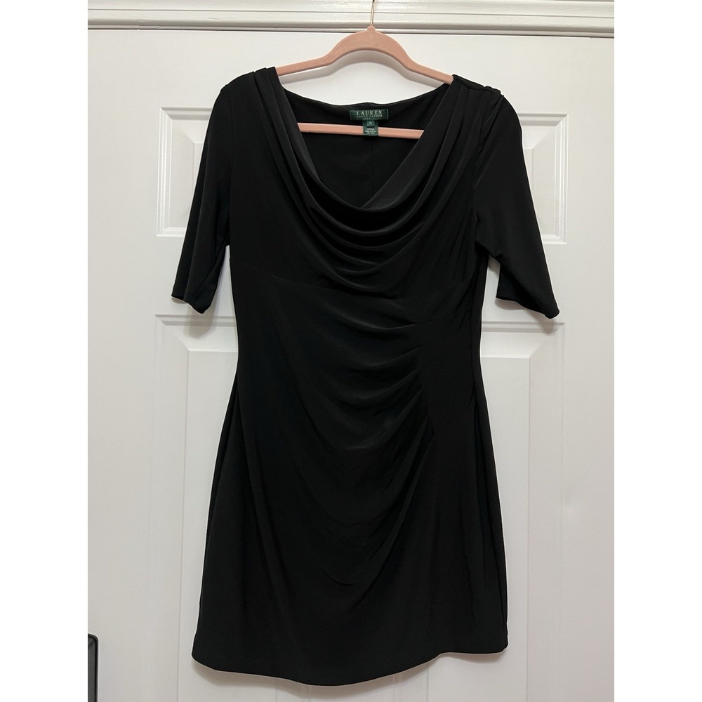 Lauren Ralph Women Dress 10 Black Surplice‎ Jersey Classic Ruched Preppy Office